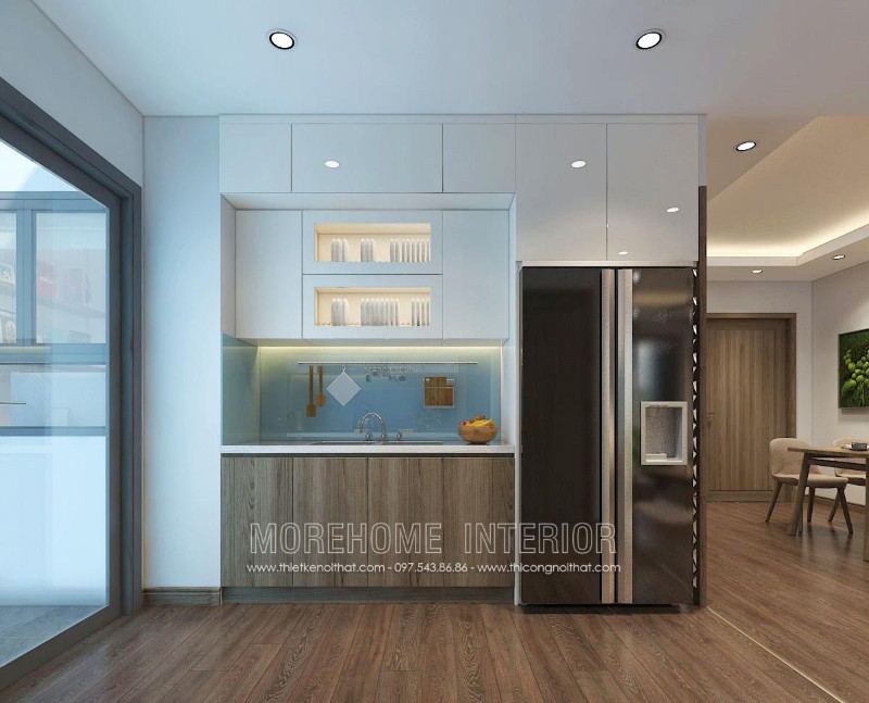 Mẫu tủ bếp hiện đại kiểu dáng chữ i, chất liệu gỗ công nghiệp đóng vai trò chủ đạo mang lại cảm giác nhẹ nhàng, tinh tế mà không kém phần tiện nghi cho người nấu