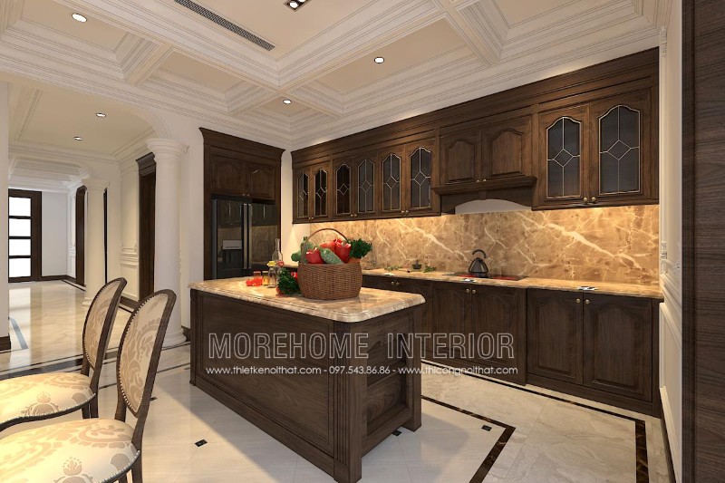 Mẫu tủ bếp gỗ óc chó đẹp được hoàn thiện bởi Morehome luôn phù hợp mọi không gian sang trọng và đẳng cấp
