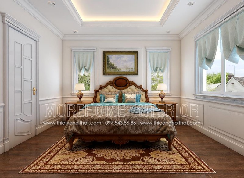 Mẫu giường ngủ được thiết kế theo phong cách tân cổ điển sang trọng, tinh tế, các đường nét uốn lượn kết hợp cùng hoa văn tối giản một cách hài hòa tạo nên không gian trang nhã cho căn phòng