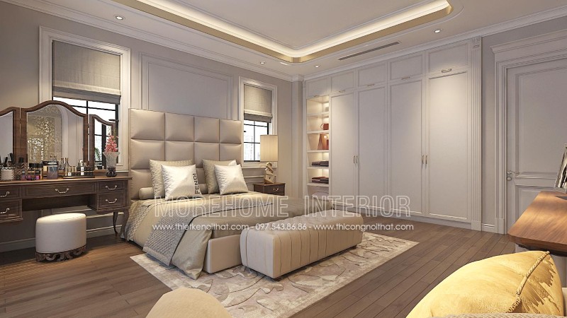 Giường ngủ gỗ tự nhiên bọc da toàn bộ, phía cuối giường được bố trí thêm chiếc đôn sofa cùng chất liệu tạo sự thuận tiện hơn cho gia chủ