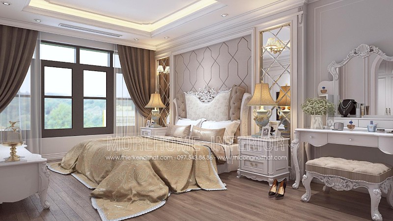 Thiết kế giường ngủ tân cổ điển ấn tượng với từng đường nét hoa văn to uốn lượn mềm mại tạo nên ấn tượng không thể nào quên của mẫu giường ngủ đẹp này