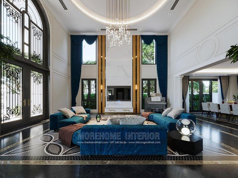 Phòng khách được trang trí bằng đá ốp cao cấp màu trắng vân mây.